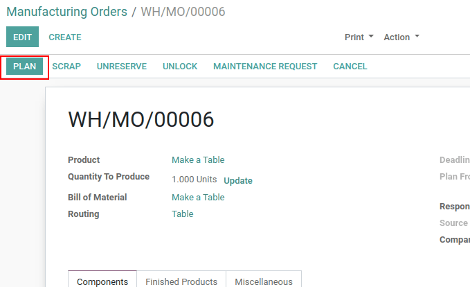 Click On Plan Button in Manufacturing Order In Odoo 13 Click On Plan Button in Manufacturing Order In Odoo 13