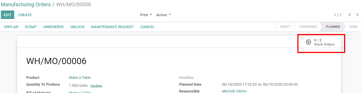 Click On Work Orders Button in Manufacturing Order in odoo Click On Work Orders Button in Manufacturing Order in odoo