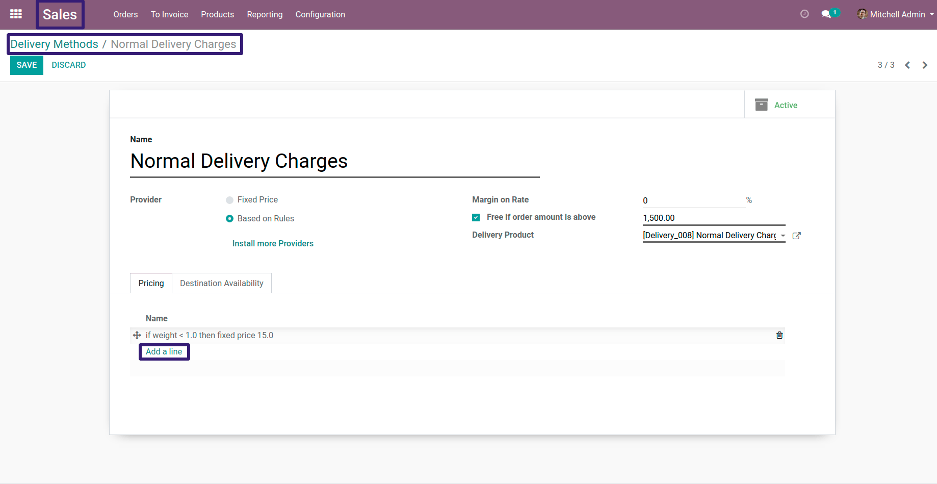 Click on Add a Line for Add Pricing Rule in odoo Click on Add a Line for Add Pricing Rule in odoo