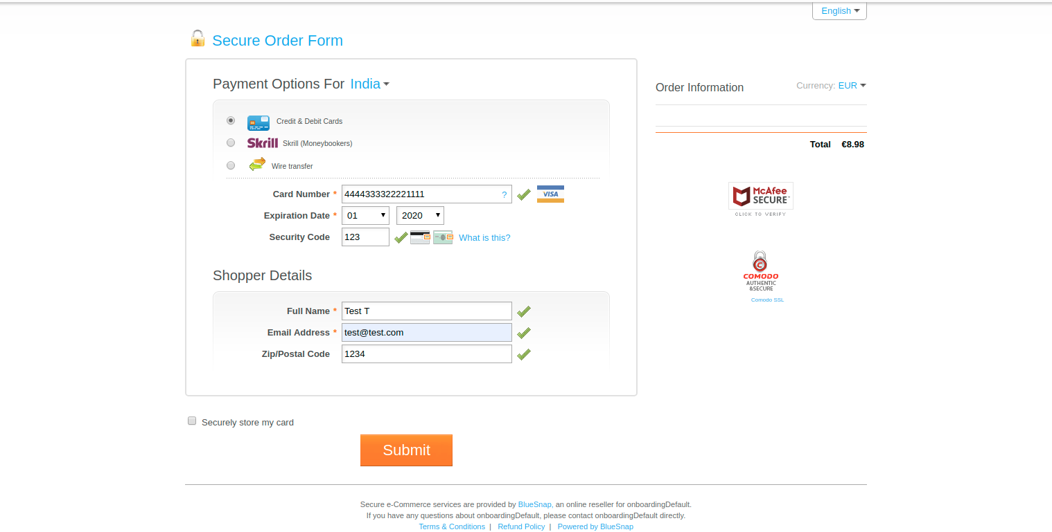 BlueSnap Payment Page BlueSnap Payment Page