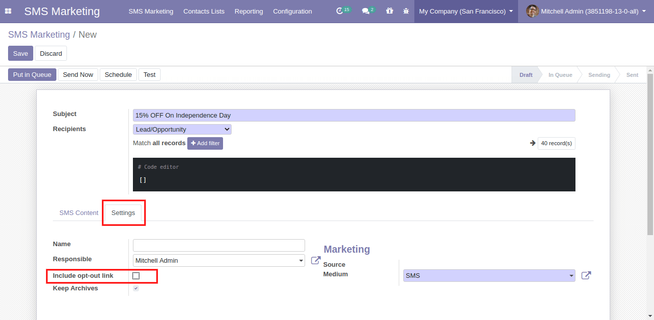 SMS Marketing Settings In Odoo SMS Marketing Settings In Odoo