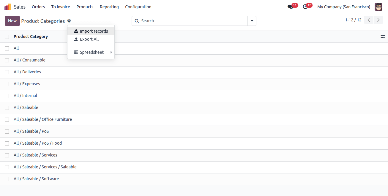 product categories Import Record product categories Import Record