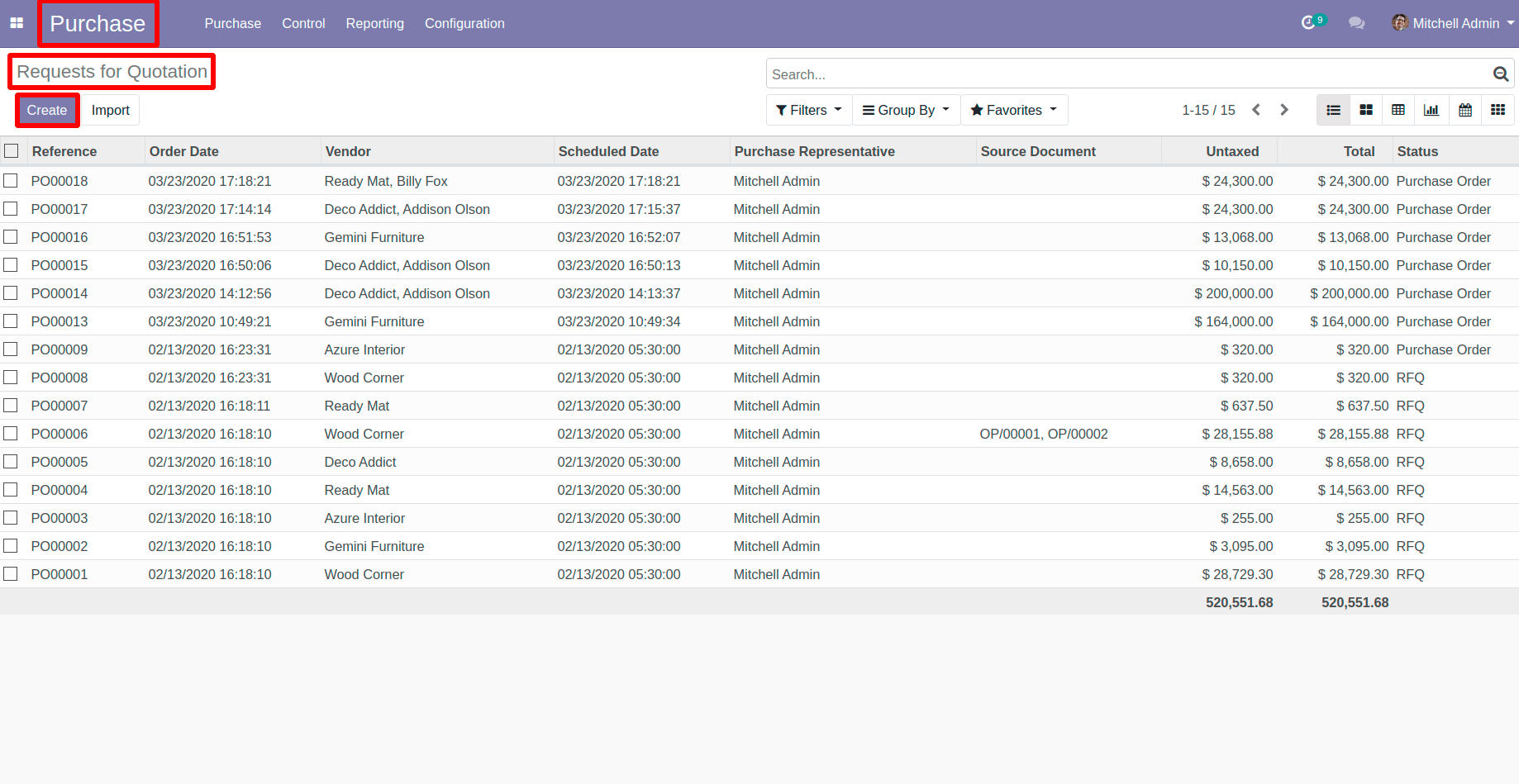 Click on Create Button in Purchase Quotation in Odoo Click on Create Button in Purchase Quotation in Odoo