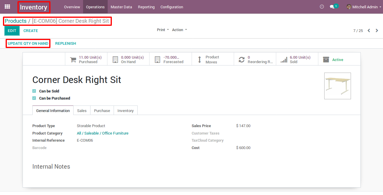 Click On Update Qty Onhand in Odoo Click On Update Qty Onhand in Odoo